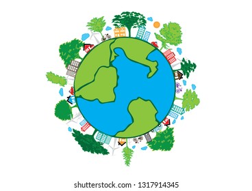 Green earth save the world from global warming with eco-friendly concept ideas.vector illustration. Ecosystem 