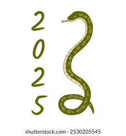 Green earth snake cobra on white background. Colorful stylized vector isolated illustration hand drawn. Symbol of the new 2025 year. Wood texture. Snake year