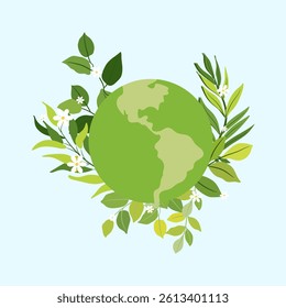 Green Earth Surrounded by Fresh Leaves and White Blossoms for Earth Day