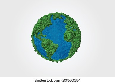 Ilustración del vector de la Tierra verde aislada sobre fondo blanco. World Map Green Planet Earth Day o Environment Day Concept. Tierra verde con auto eléctrico. Concepto del acuerdo de París.