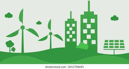 A green earth with wind turbines, solar panels, and an ecofriendly factory, promoting sustainable energy and environmental consciousness.