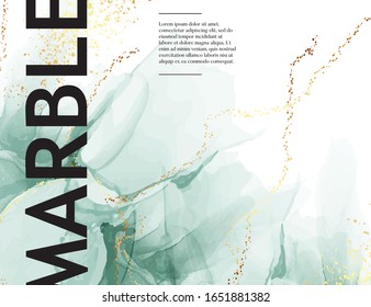 Green earthy pastel watercolor liquid flow marble design, abstract season wallpaper. Blue ink flow pattern with gold shapes for planner notebook, presentation.