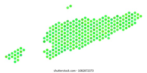 Green East Timour map. Vector hex tile territorial plan in green color variations. Abstract East Timour map collage is created with hex tile items.