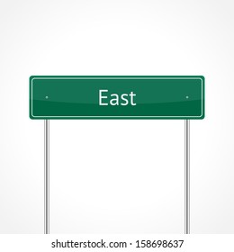 Green east traffic sign isolated on white background