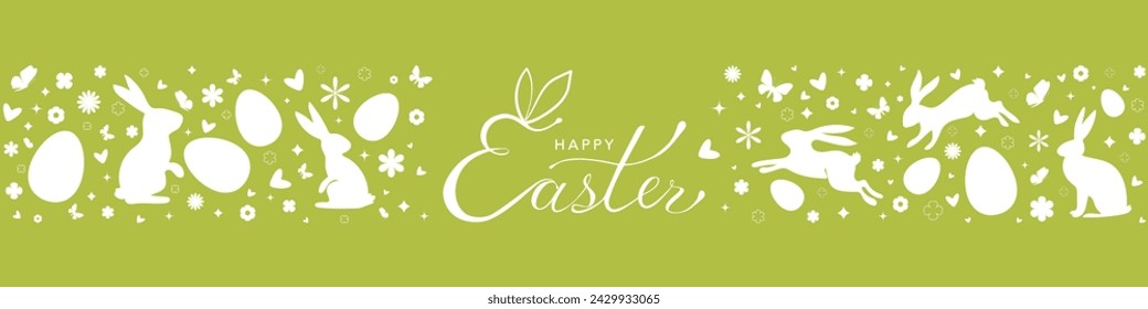 Green Easter background banner with bunnies and eggs, flowers, butterflies silhouette on the meadow. Vector horizontal Easter hunt border with Happy Easter lettering text with swashes.