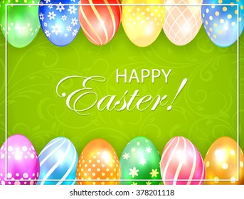 Green Easter background with floral ornament and colored eggs, illustration.