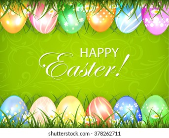 Green Easter background with floral ornament and colored eggs in a grass, illustration.