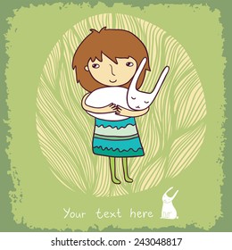 Green easter background with girl and bunny.