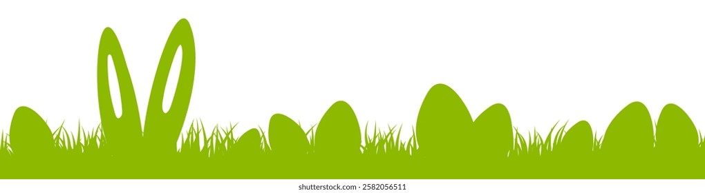 Green Easter banner, Easter eggs and bunny ears on the grass