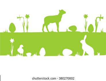 green easter banner with rabbit, lamb and chick