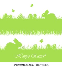 Green Easter banners with little rabbits and eggs in a grass, illustration.