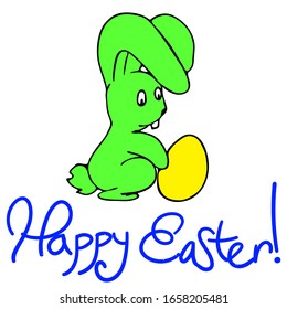 Green easter bunny with a yellow egg. Playing cute bunny. Character for easter greeting cards and invitation. Illustration for children’s books, design and design in cartoon style. For print and web.