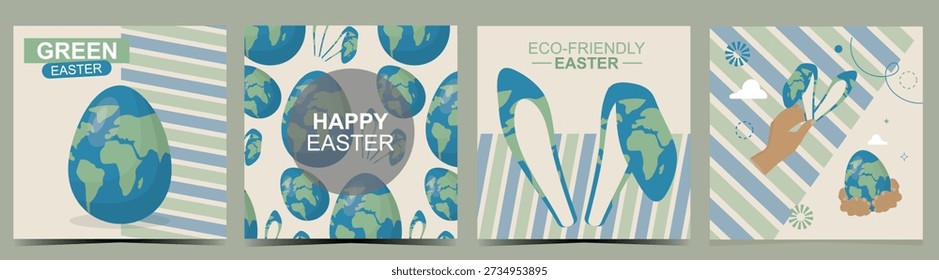 Green Easter Eco-Friendly Earth Celebration Cards. Set of Easter greeting cards perfect for sustainable holiday campaigns and environmental awareness. Eco-friendly easter. Vector illustration