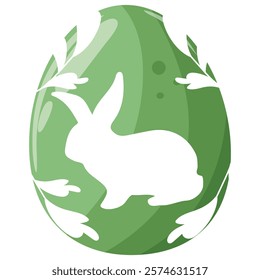 green easter egg design with a shadow of a rabbit with big ears sitting on its paws and twigs on it