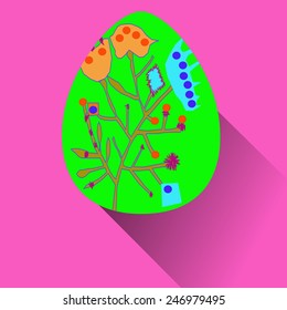 Green Easter egg with floral ornaments   on a pink   background. Hand drawn. 