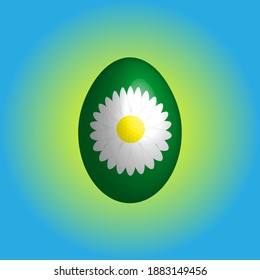Green Easter egg with white chamomile flower. Chamomile flower. Easter chicken egg. Christian religion and culture. Christianity. Symbol. Religious holiday. Background image.