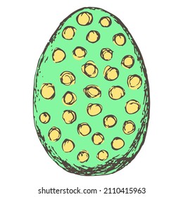 Green Easter egg with yellow polka dots isolated on a transparent background. Hand-drawn color vector doodle with rough outline