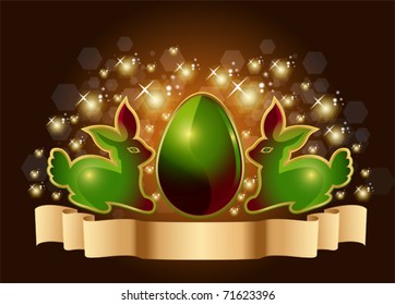 Green Easter eggs and bunnies on sparkling background