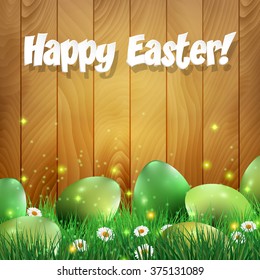 Green Easter eggs with a wooden background. Vector illustration.