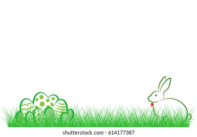 Green Easter, Happy Easter. Rabbit and eggs in the green grass
