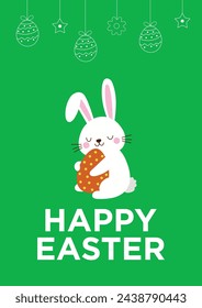 Green Easter Postcard with White Bunny holding an Egg