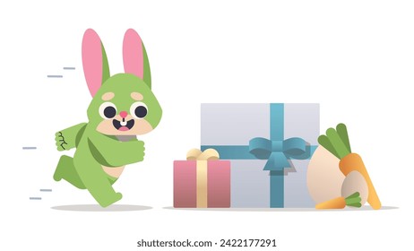 Green Easter rabbit Runs to eggs and gifts. Cartoon vector flat illustration