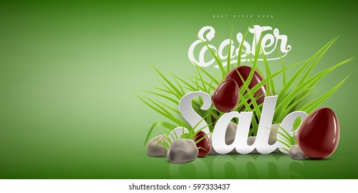 Green Easter sale banner background template with lettering, green grass, stones and chocolate eggs. Vector illustration for your ad design and advertising needs.