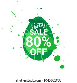 Green Easter Sale Sticker Egg Over Paint Splash Background Design Holiday Discounts Symbol Vector Illustration