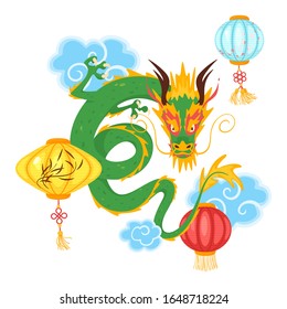 Green eastern dragon flat illustration. Angry oriental fantasy fictional creature and paper lanterns isolated on white. Chinese New Year symbols. Japanese legendary monster vector cartoon character