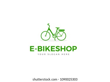 Green E-Bike Logo Silhouette Woman Bike Vector With Charging Icon