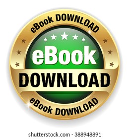 Green ebook download badge with gold border on white background