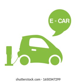 Green e-car ecological electromobile concept vector illustration. Electric station with battery powered e-car auto isolated on white background poster. Eco innovation in transportation.