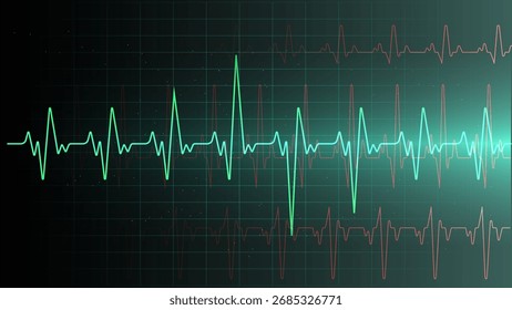 Forma de onda verde del latido del corazón del ECG en el monitor de la cuadrícula oscura con el fondo brillante de la tecnología médica de la salud de la cardiología del pulso para el Anuncio y los App de la clínica hospitalaria con el estilo futurista del Vector digital del espacio de la copia
