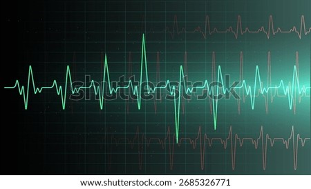 Green ECG heartbeat waveform on dark grid monitor with glowing pulse medical cardiology health tech background for hospital clinic banner and apps with copy space futuristic digital vector style