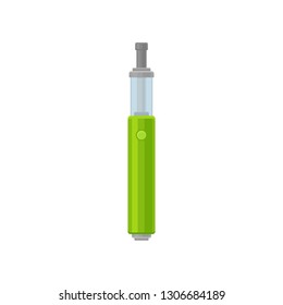 Green e-cigarette with small button and glass tank. Vaping device. Equipment for smoking. Flat vector icon