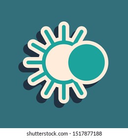 Green Eclipse of the sun icon isolated on blue background. Total sonar eclipse. Long shadow style. Vector Illustration