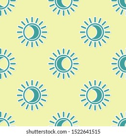 Green Eclipse of the sun icon isolated seamless pattern on yellow background. Total sonar eclipse.  Vector Illustration