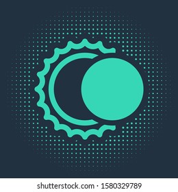 Green Eclipse of the sun icon isolated on blue background. Total sonar eclipse. Abstract circle random dots. Vector Illustration