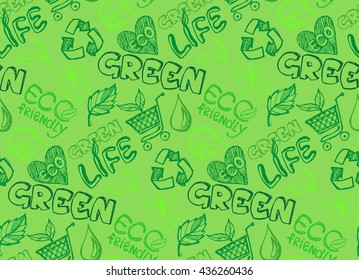 Green eco background made of small ecology icons - vector seamless pattern. Vector illustration.