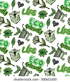 Green eco background made of small ecology icons - vector seamless pattern. Vector illustration. Doodle eco set.