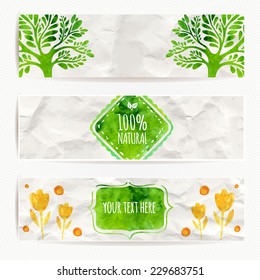 Green eco banners. Vector labels with watercolor texture on white rumpled paper.  Artistic design for natural products (cosmetic, food, craft). 
