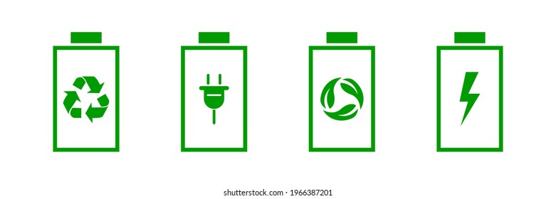 Green eco battery icon set. Vector recycle charge and ecology accumulator collection on white background.