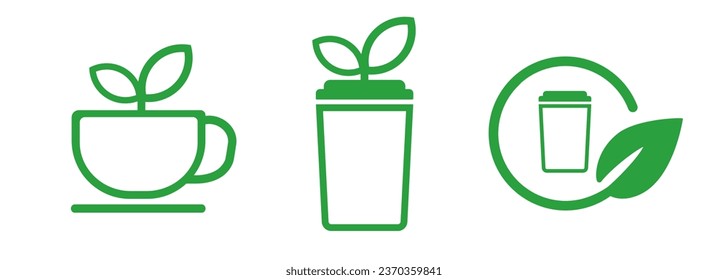 Green eco beverage cup glass leaves environmental friendly leaf symbol label