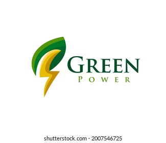 green, eco, bio, leaf power energy thunder bolt logo, symbol design template inspiration