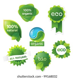 green, eco, bio and organic labels and stickers on a white background