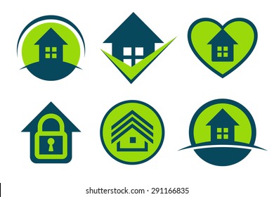 Green eco building logo set. Real estate icons collection. Home isolated logotype.