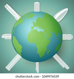 Green Eco with buildings around the world on blue background as saving and earth day concept design. Vector illustration.