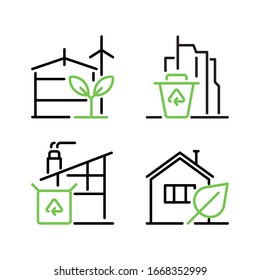 Green eco buildings. City and home, farm and factory. Set of four outline vector icons.