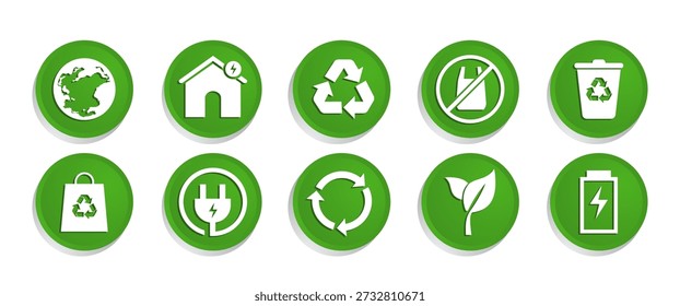Green eco button icons featuring recycling, renewable energy, eco home, battery and sustainability symbols. Clean flat vector style suitable for business, environmental design, UI, infographic and commercial use.
