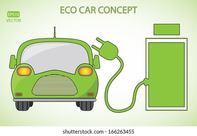 Green eco car with charging station. Easy to edit eps10 vector illustration with battery, charger and car. Eco friendly vector design. Raster available in my portfolio.